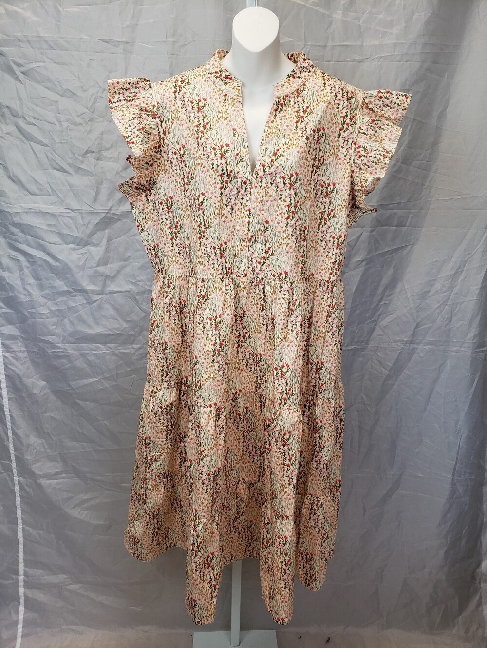Chic Soul Sweet Nature Dress Cream Ditsy Floral Ruffle Flutter Sleeve Size 2X